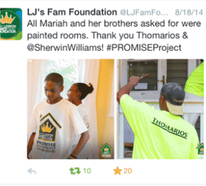 Thomarios get a twitter shout out for donating to Lebron James Family Foundation Promise Project To Be Aired On HGTV's "Rehab Addict"