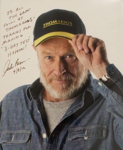 Photo reads: To all the great folks at Thomarios - Thankd for making "3-Day Test" Happen. Corbin Bernsen 4/8/12